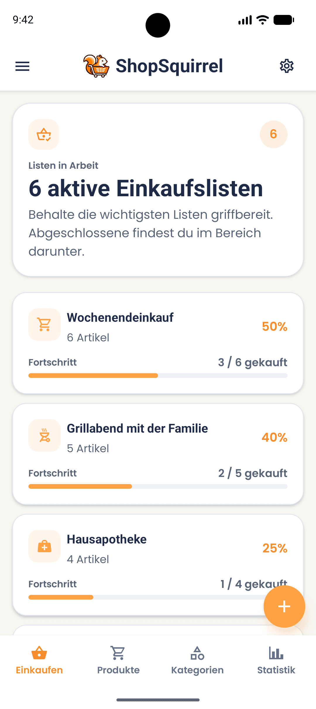 Bildschirm mit Einkaufslisten in der ShopSquirrel-App