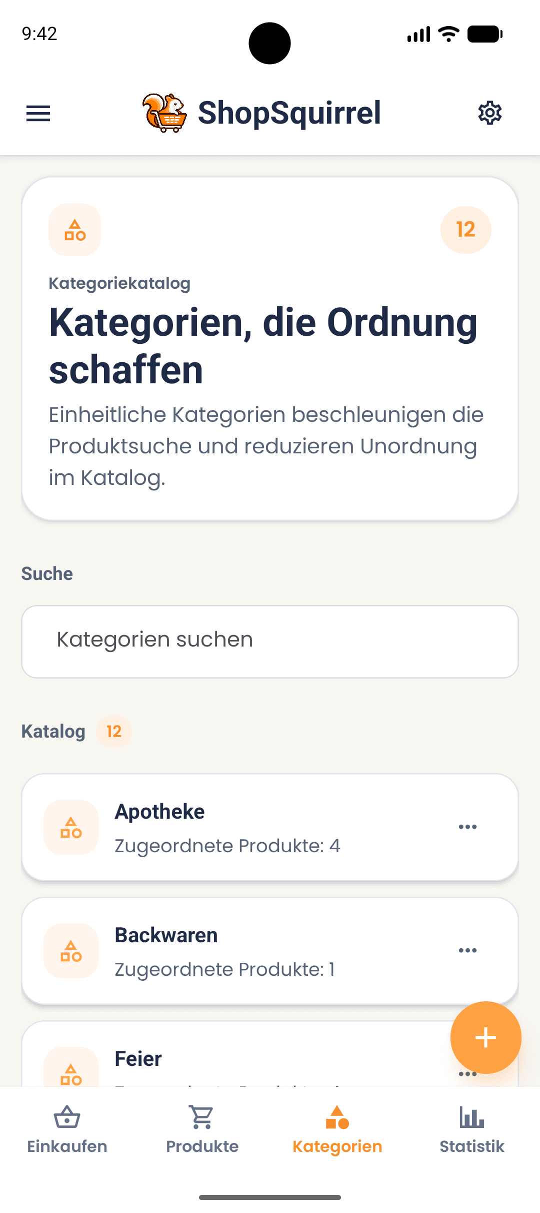 Bildschirm mit Produktkategorien in der ShopSquirrel-App