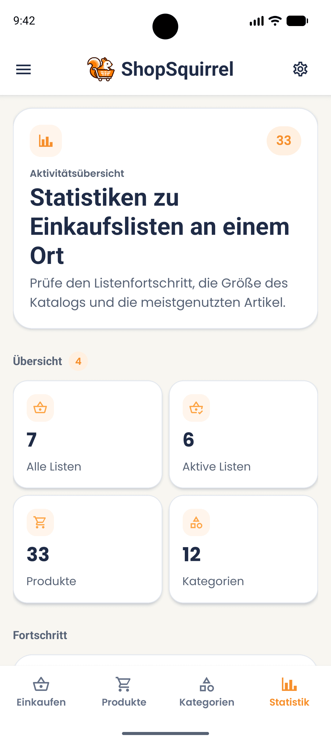 Statistikbildschirm in der ShopSquirrel-App