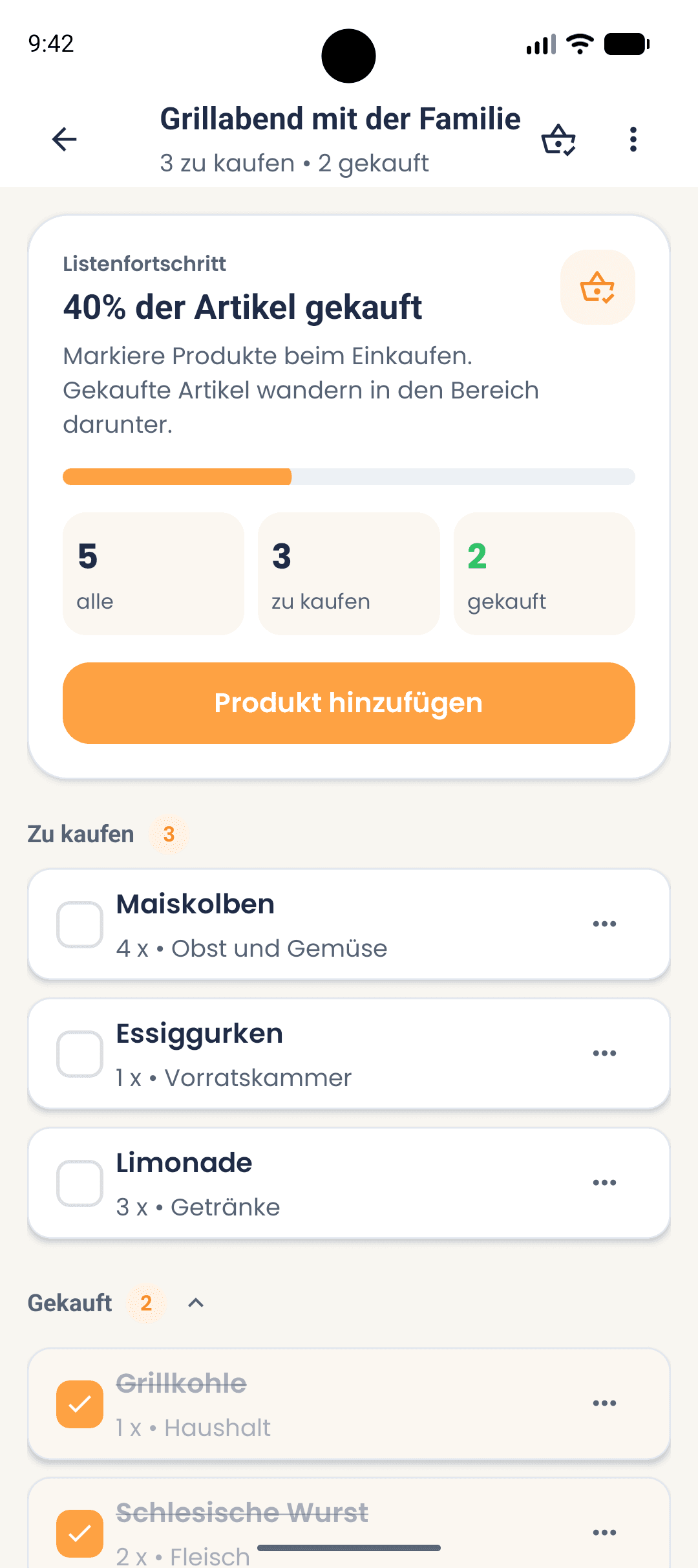 Einkaufslisten-Bildschirm in der ShopSquirrel-App