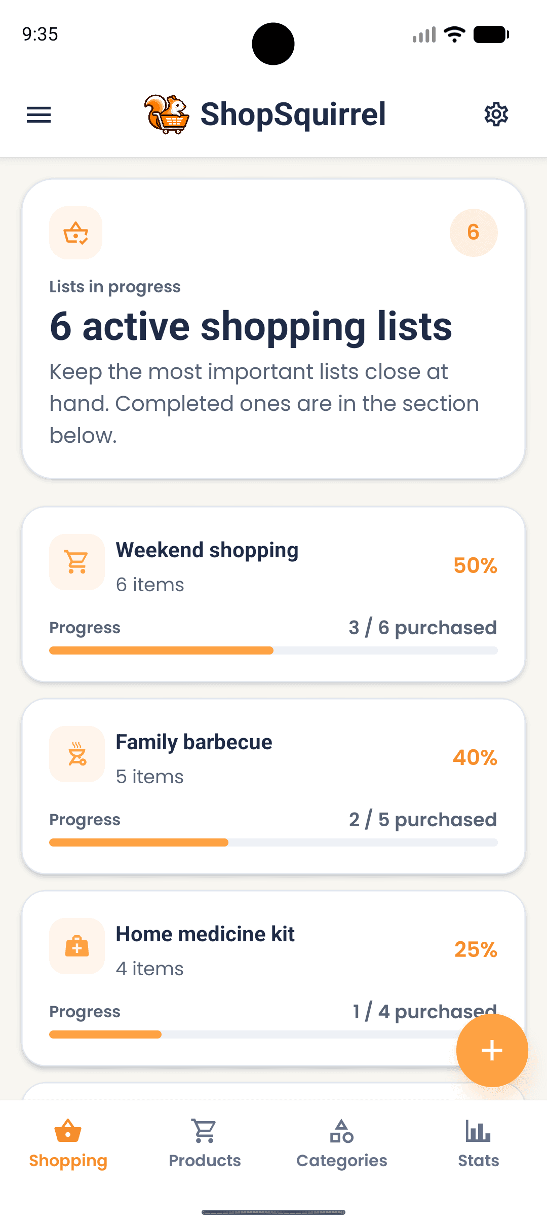 Shopping lists screen in the ShopSquirrel app