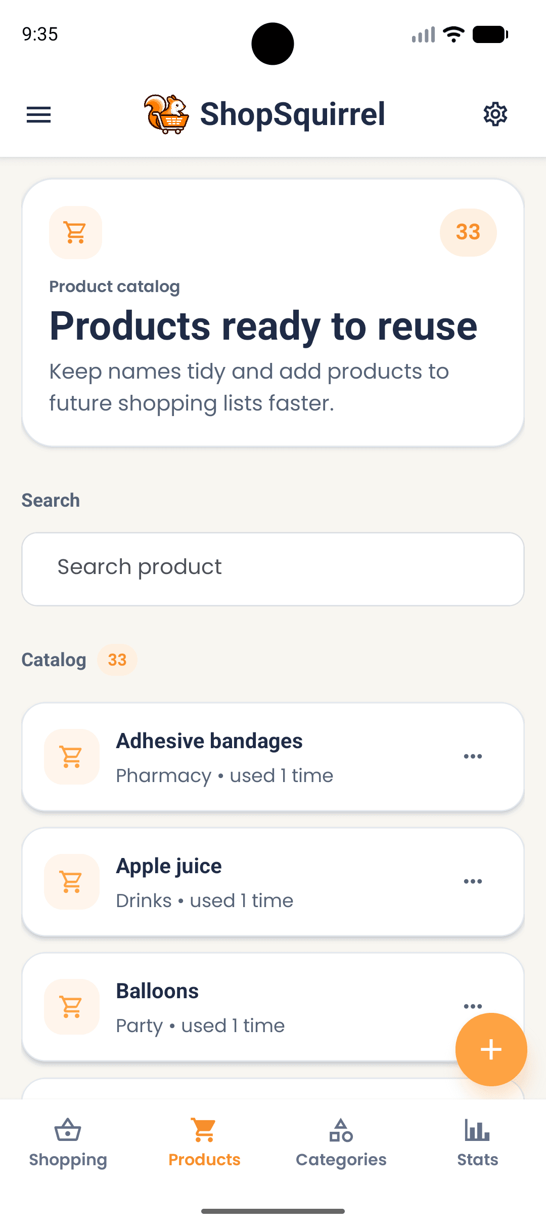 Products screen in the ShopSquirrel app