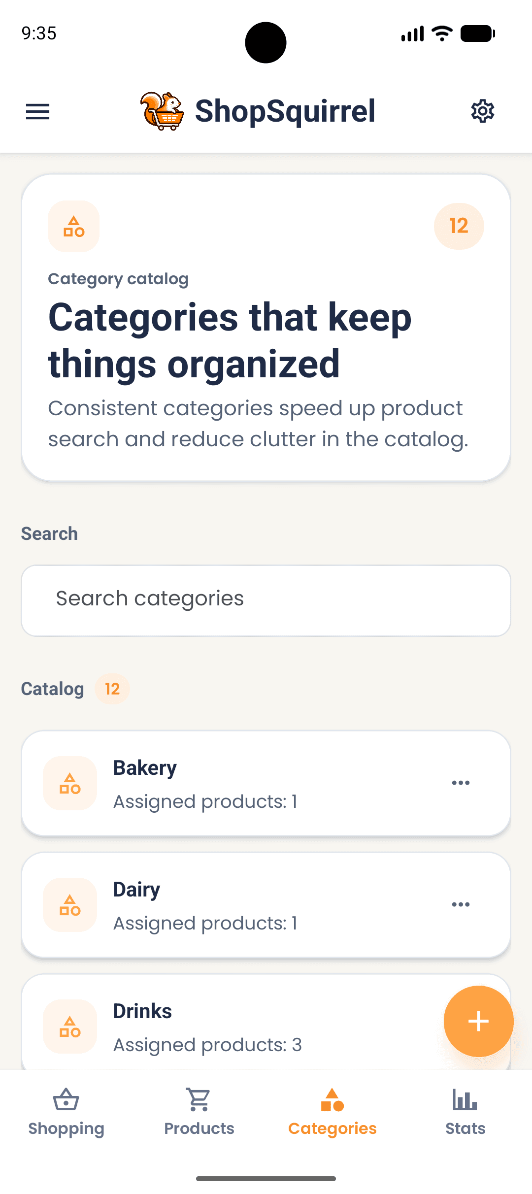 Product categories screen in the ShopSquirrel app