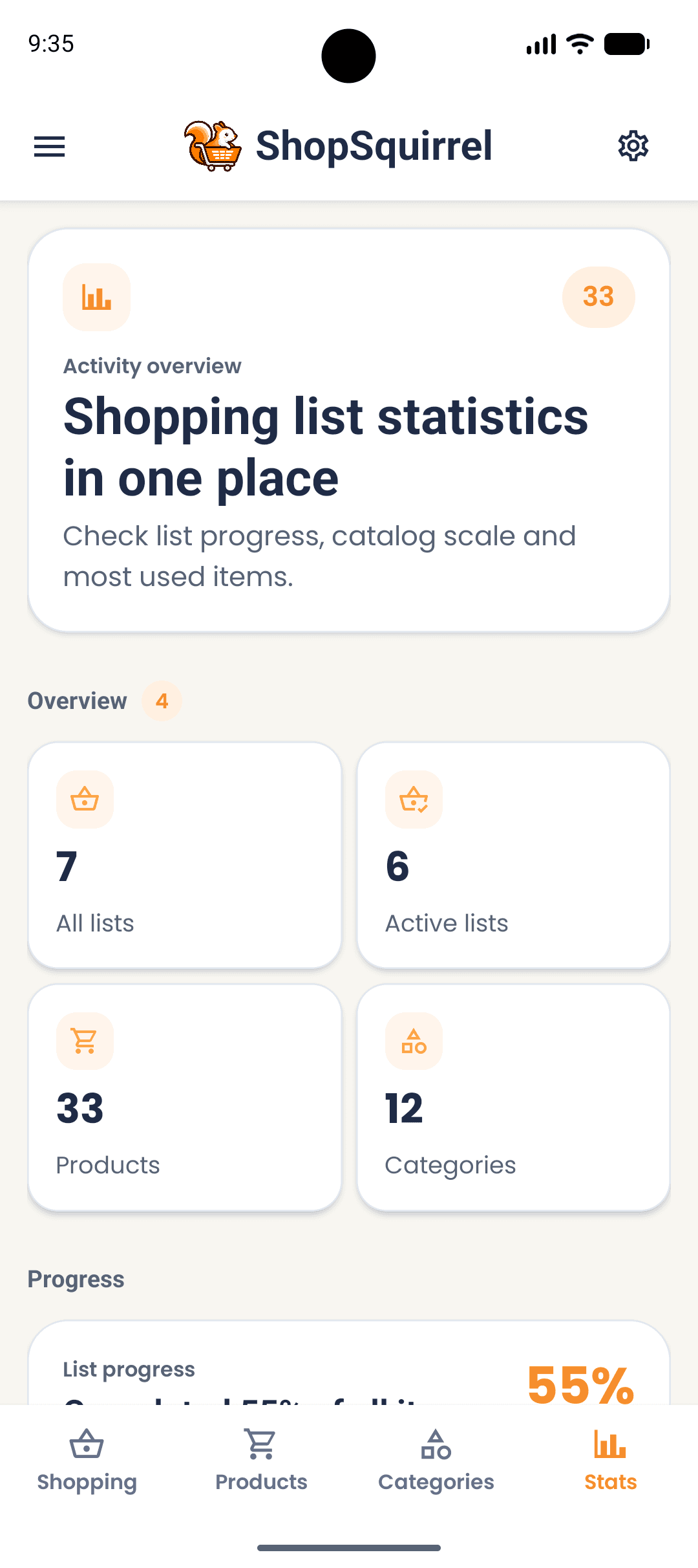 Statistics screen in the ShopSquirrel app