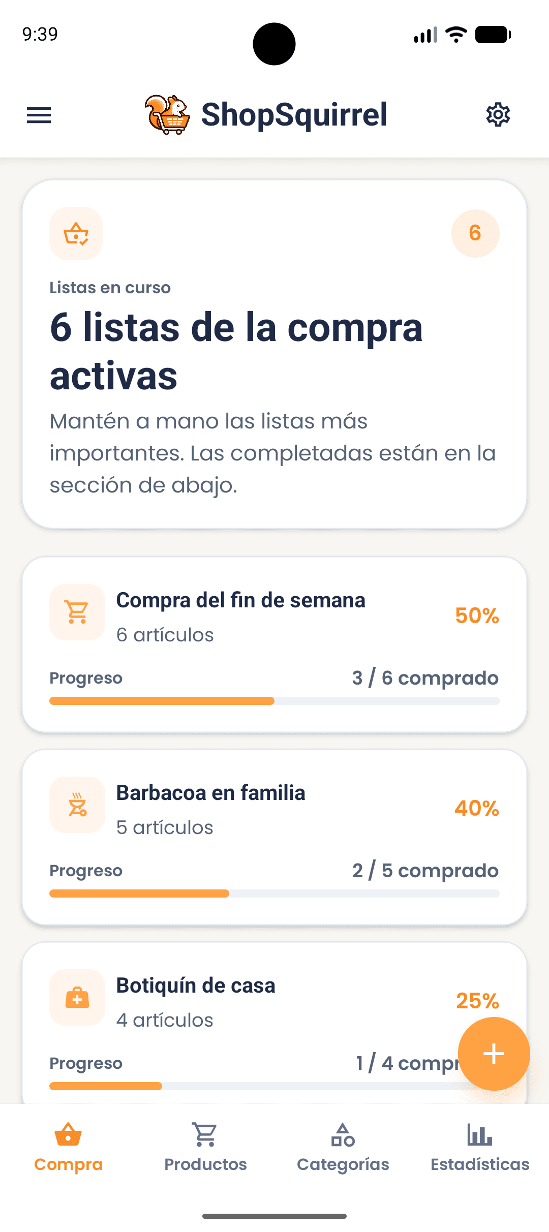 Pantalla de listas de compras en la app ShopSquirrel