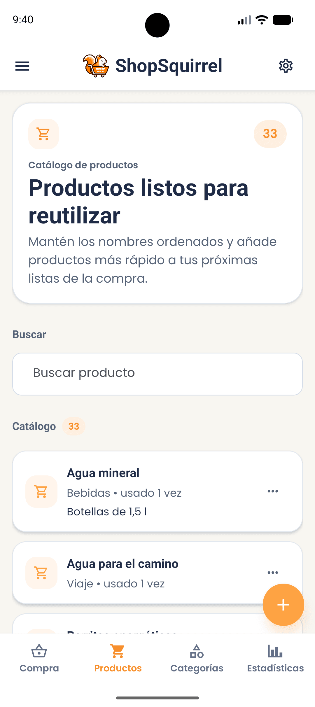 Pantalla de productos en la app ShopSquirrel