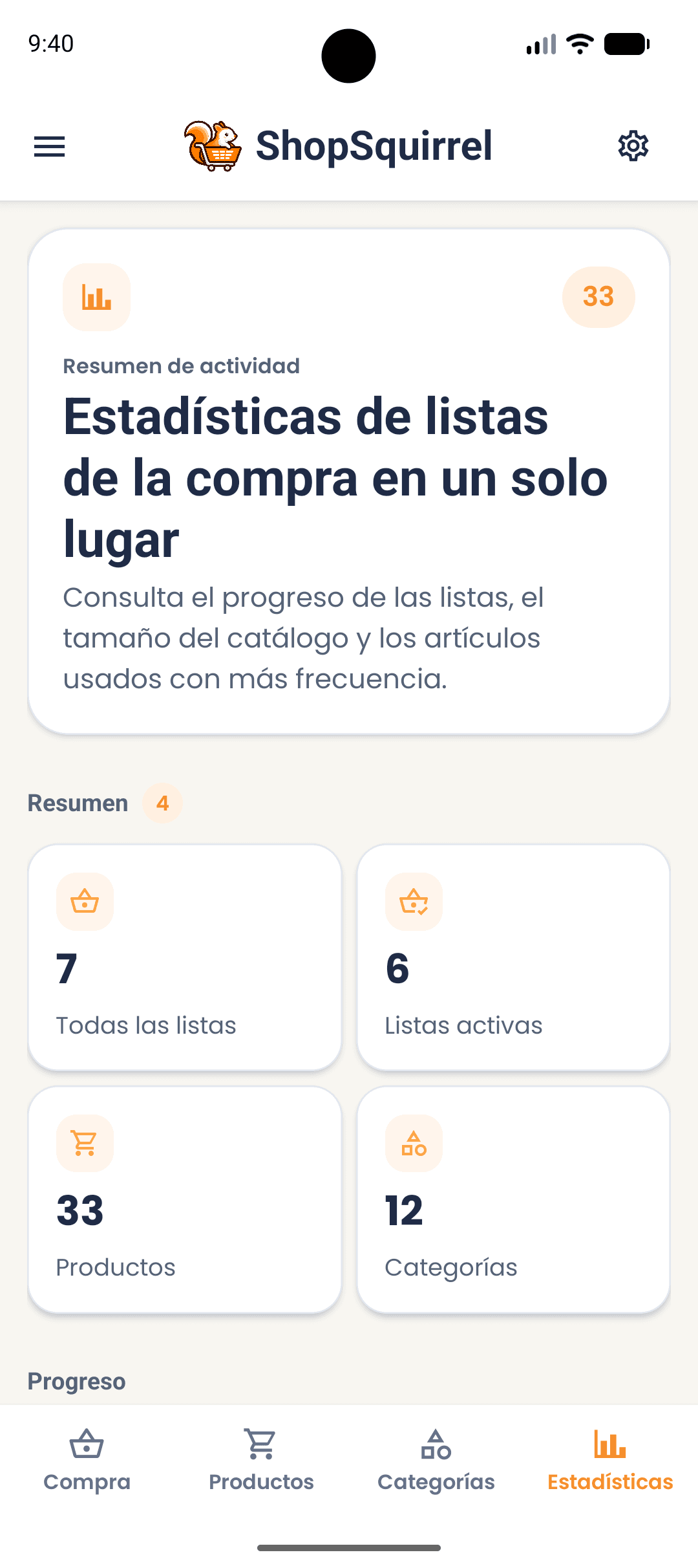 Pantalla de estadísticas en la app ShopSquirrel