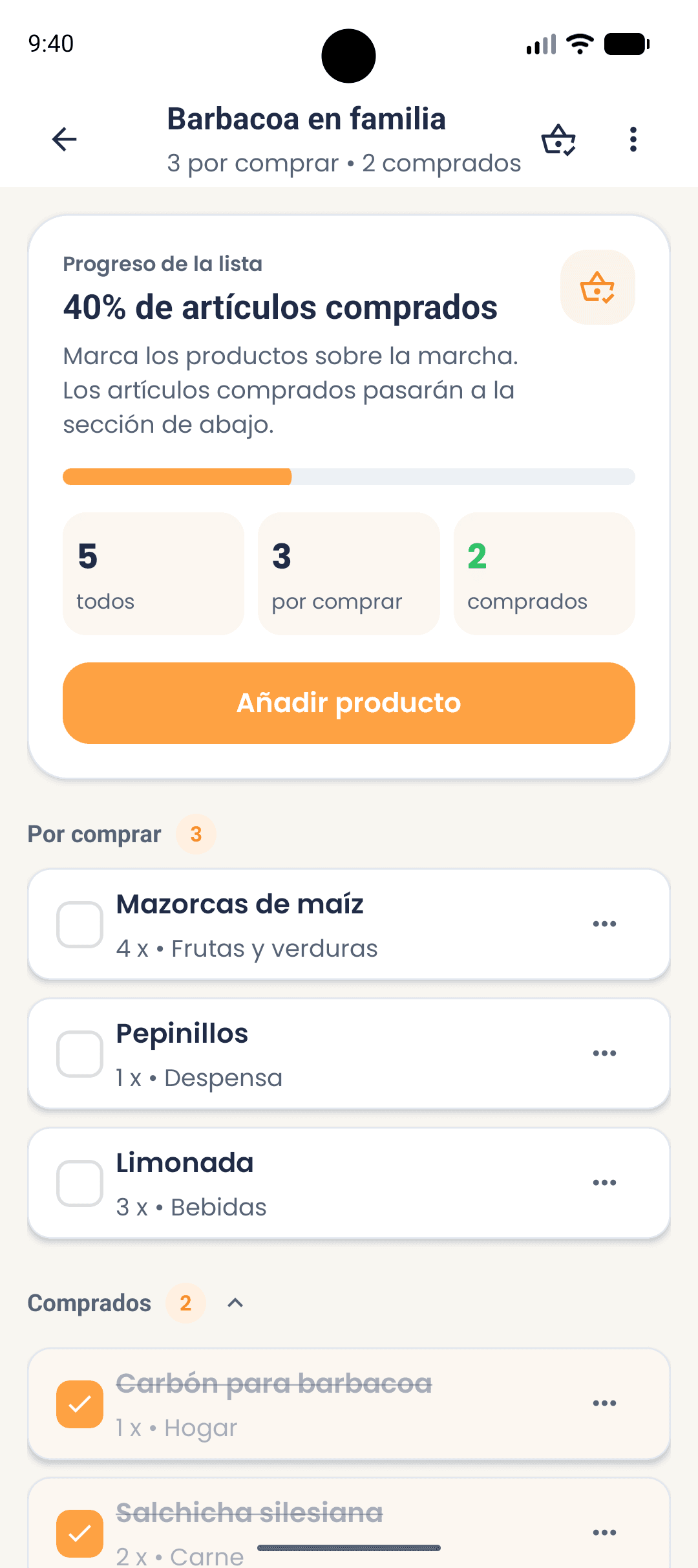 Pantalla de lista de compras en la app ShopSquirrel