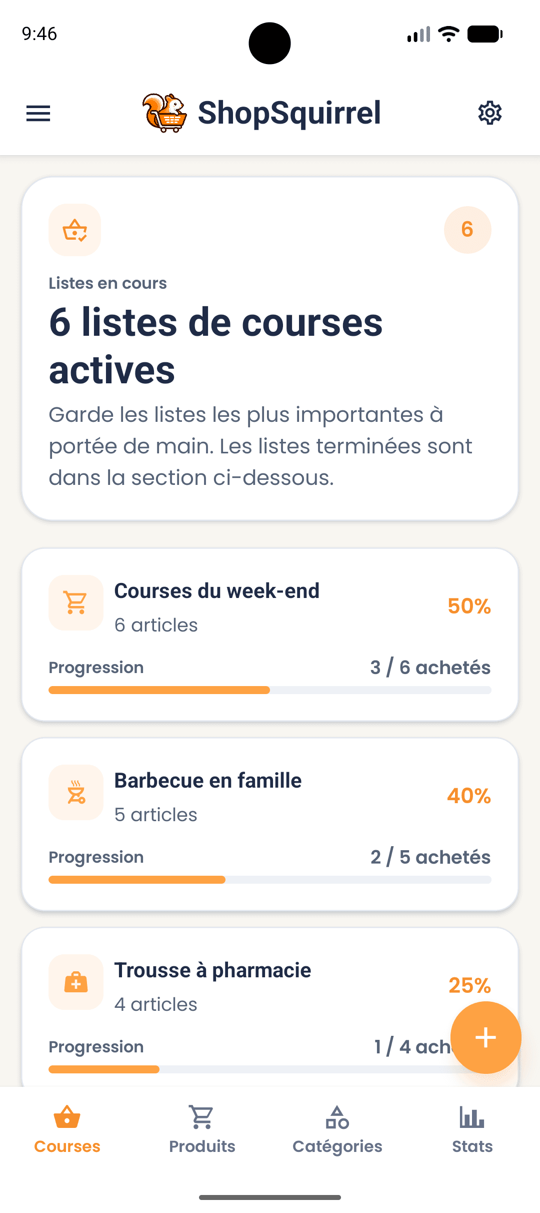Écran des listes de courses dans l’application ShopSquirrel
