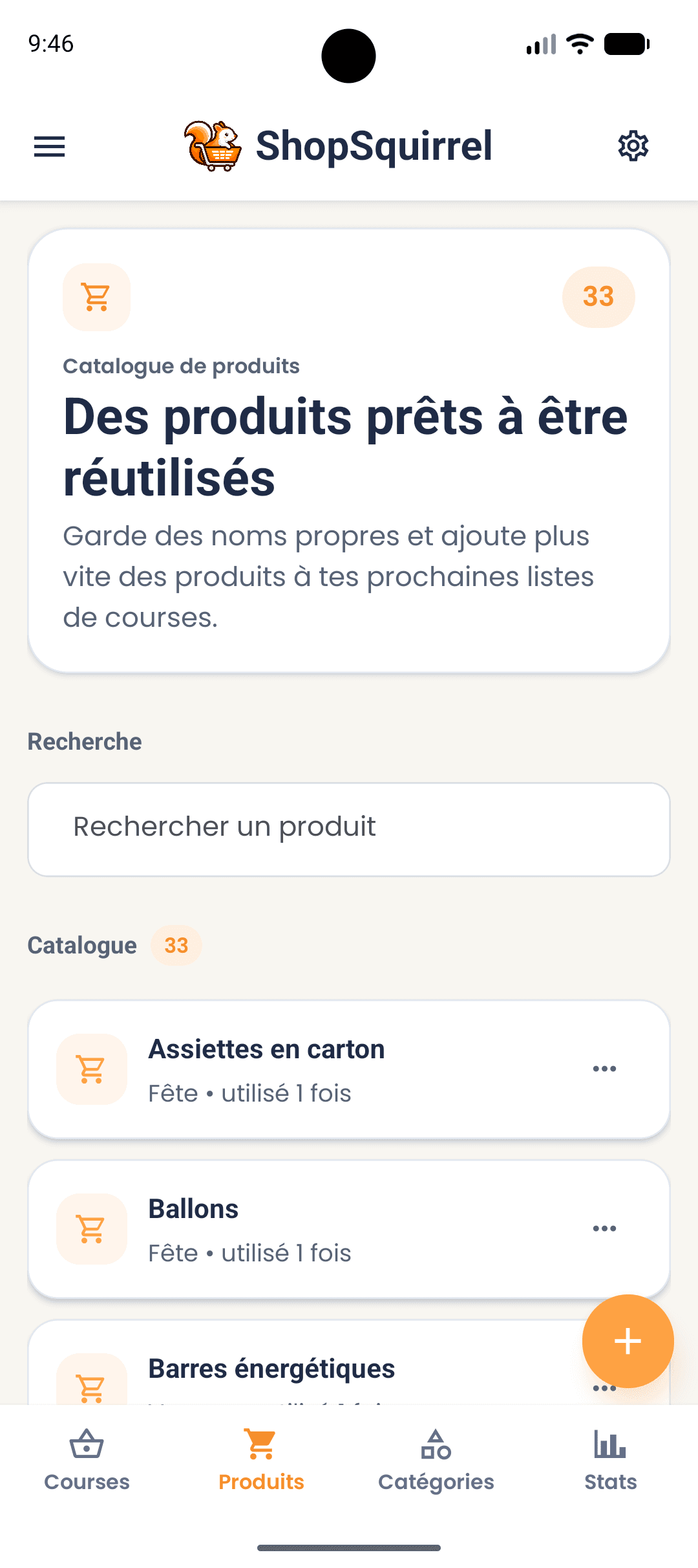 Écran des produits dans l’application ShopSquirrel