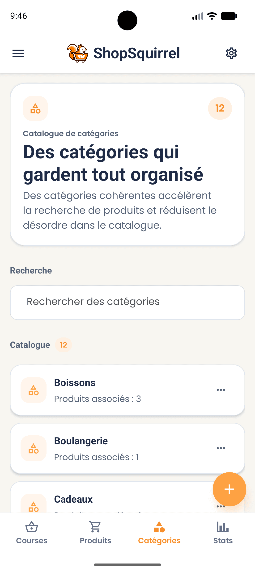 Écran des catégories de produits dans l’application ShopSquirrel