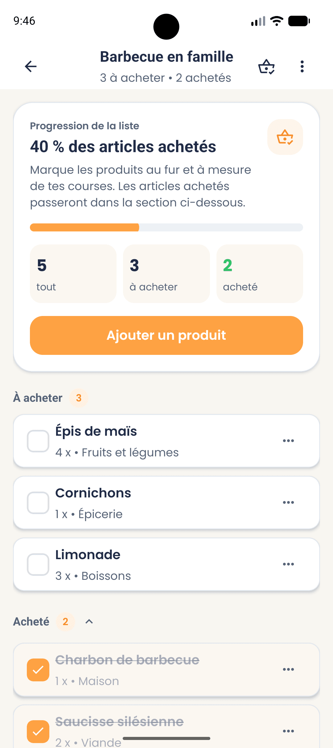 Écran d’une liste de courses dans l’application ShopSquirrel