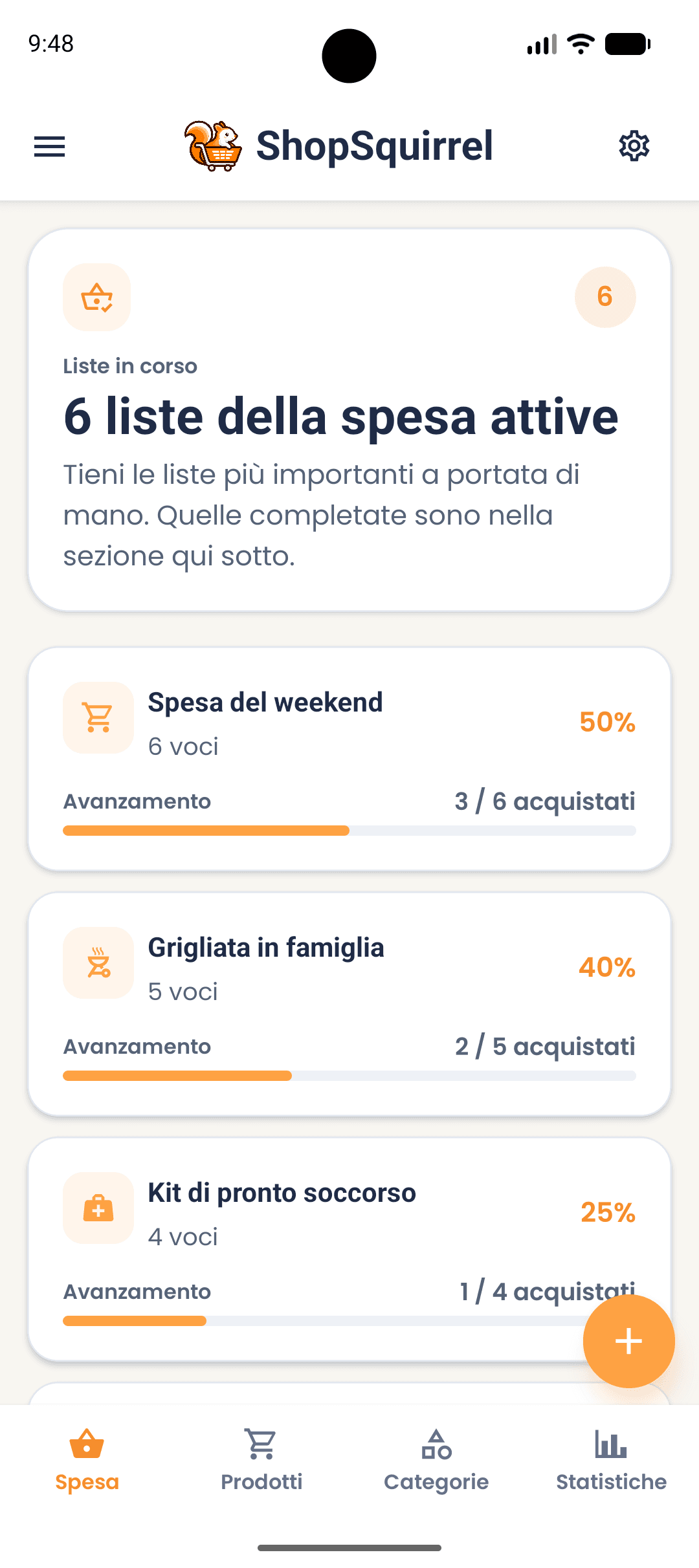 Schermata delle liste della spesa nell’app ShopSquirrel