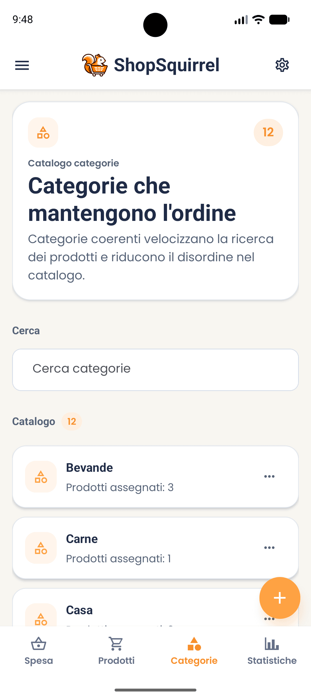 Schermata delle categorie prodotto nell’app ShopSquirrel