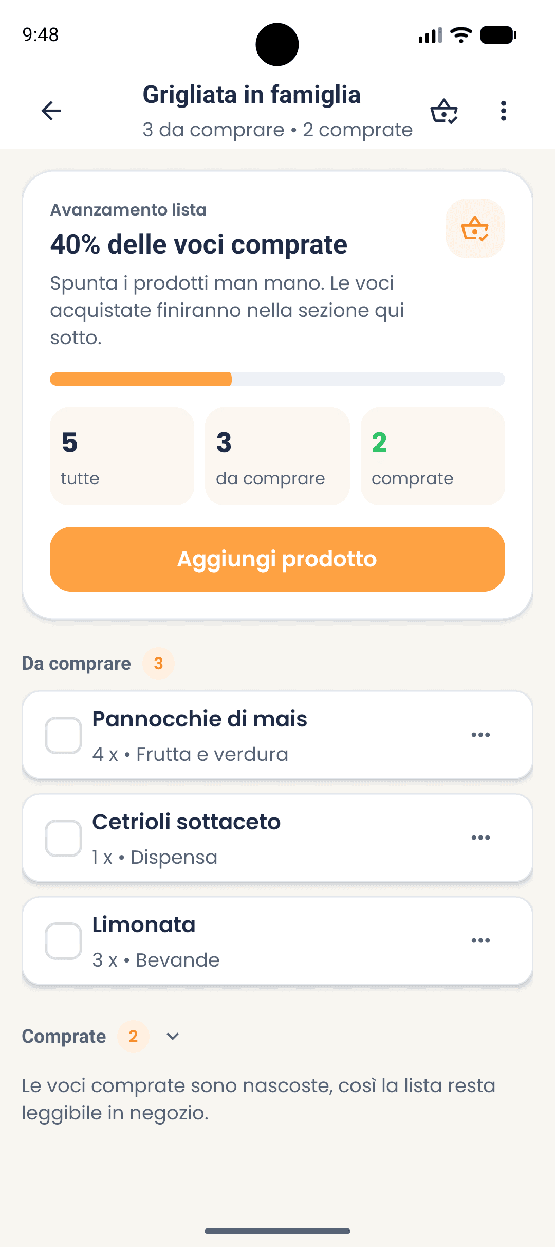 Schermata di una lista della spesa nell’app ShopSquirrel