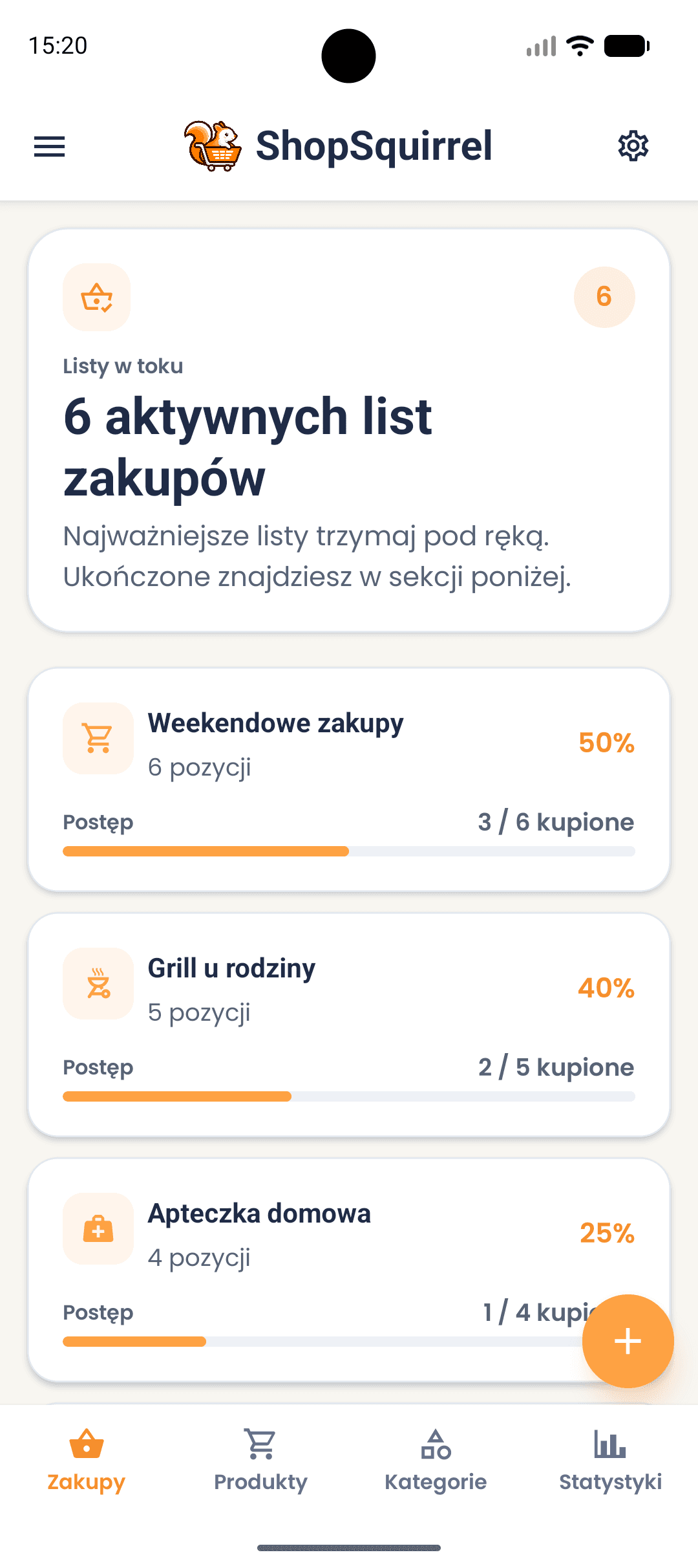 Ekran list zakupów w aplikacji ShopSquirrel