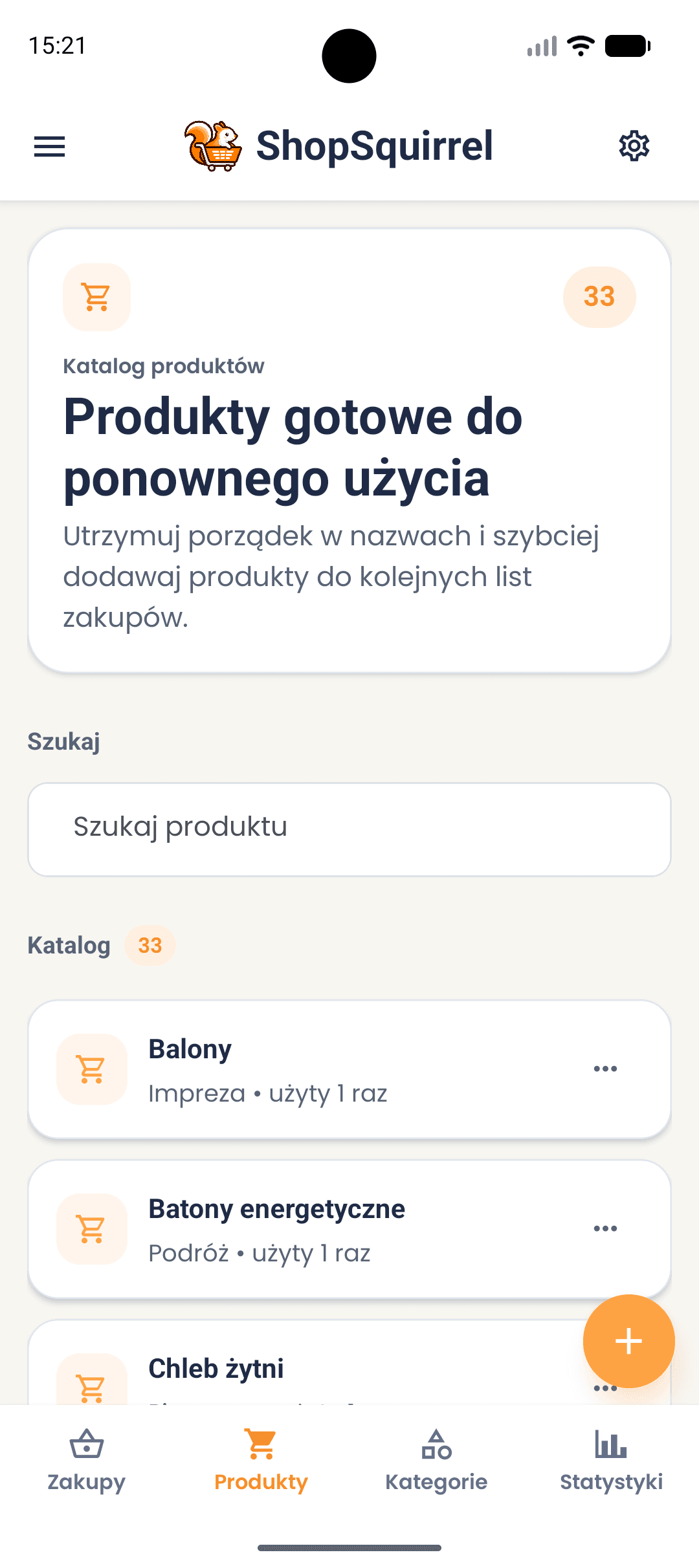 Ekran produktów w aplikacji ShopSquirrel