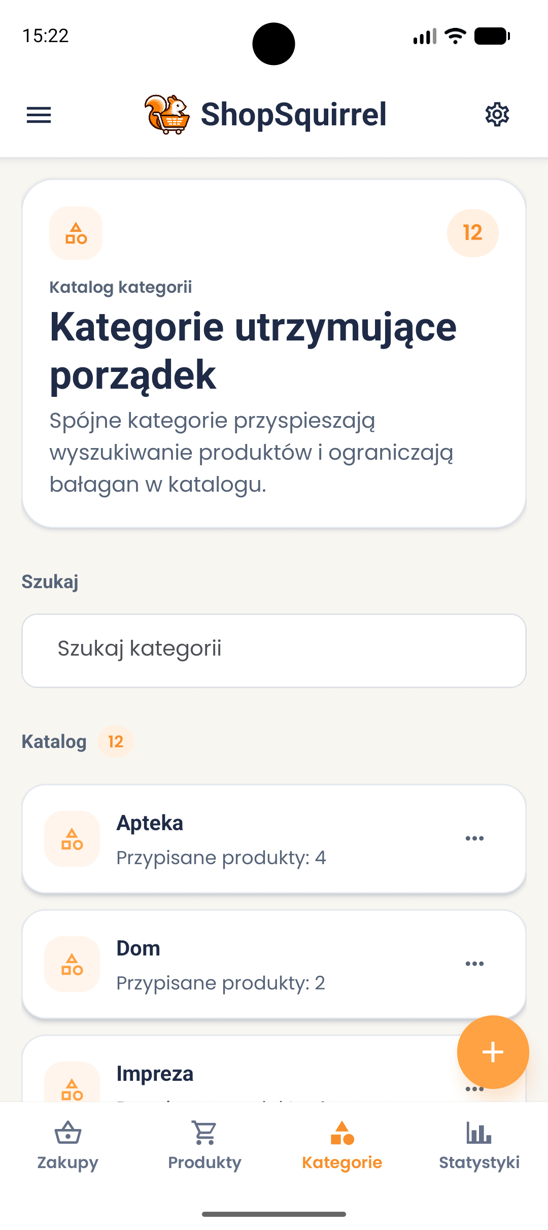 Ekran kategorii produktu w aplikacji ShopSquirrel