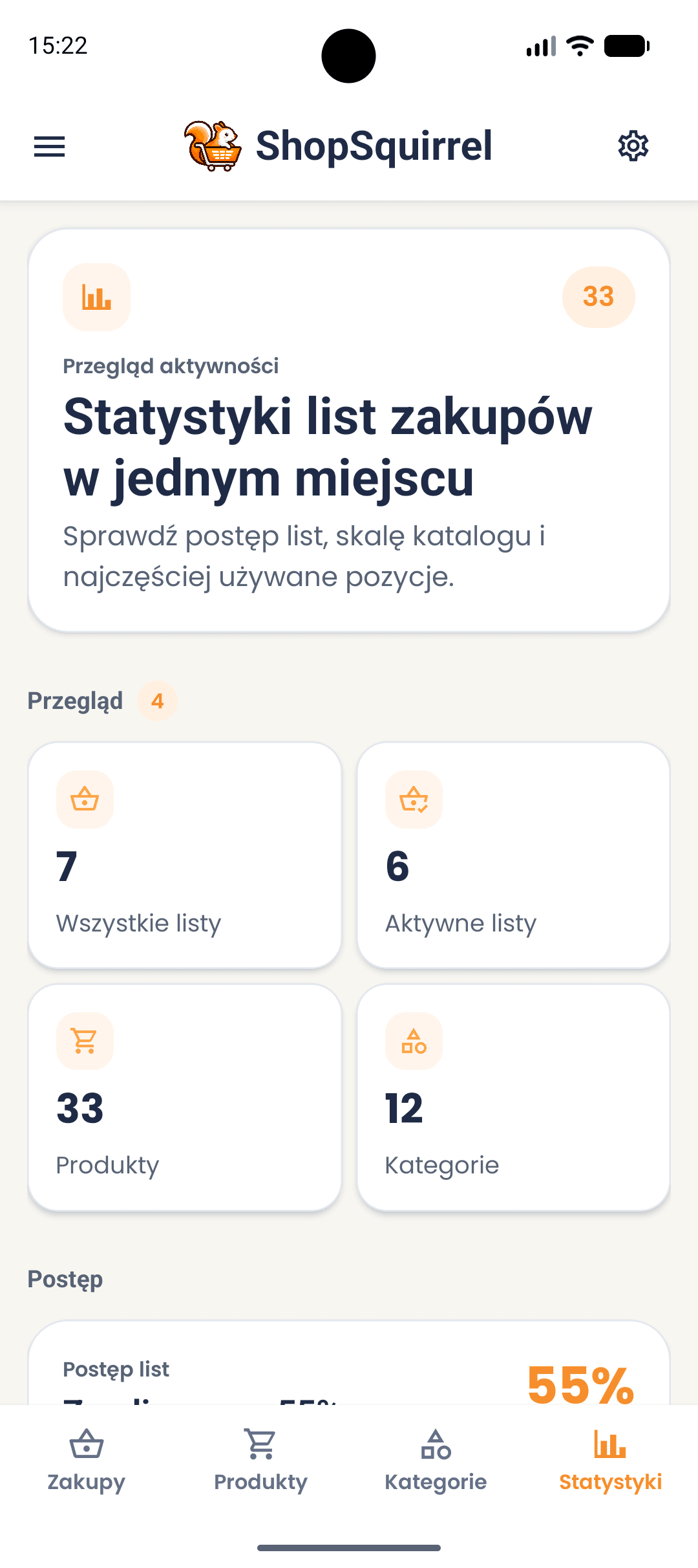 Ekran statystyk w aplikacji ShopSquirrel