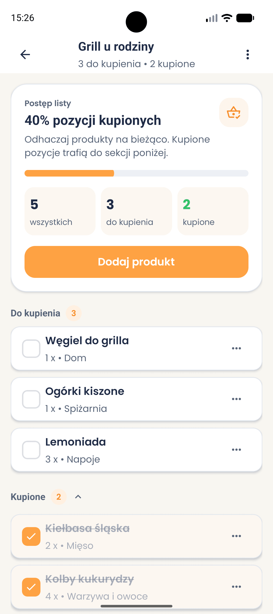 Ekran listy zakupów w aplikacji ShopSquirrel