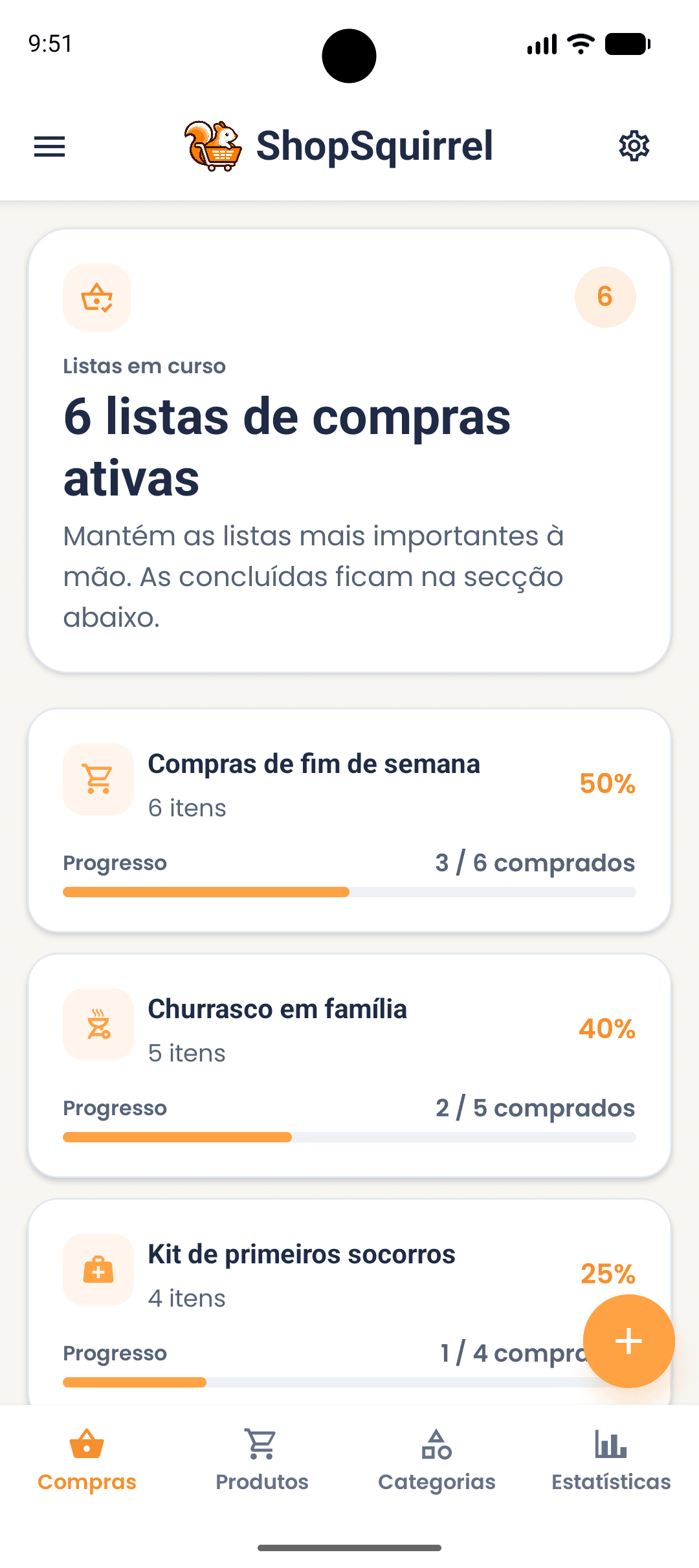 Ecrã de listas de compras na aplicação ShopSquirrel