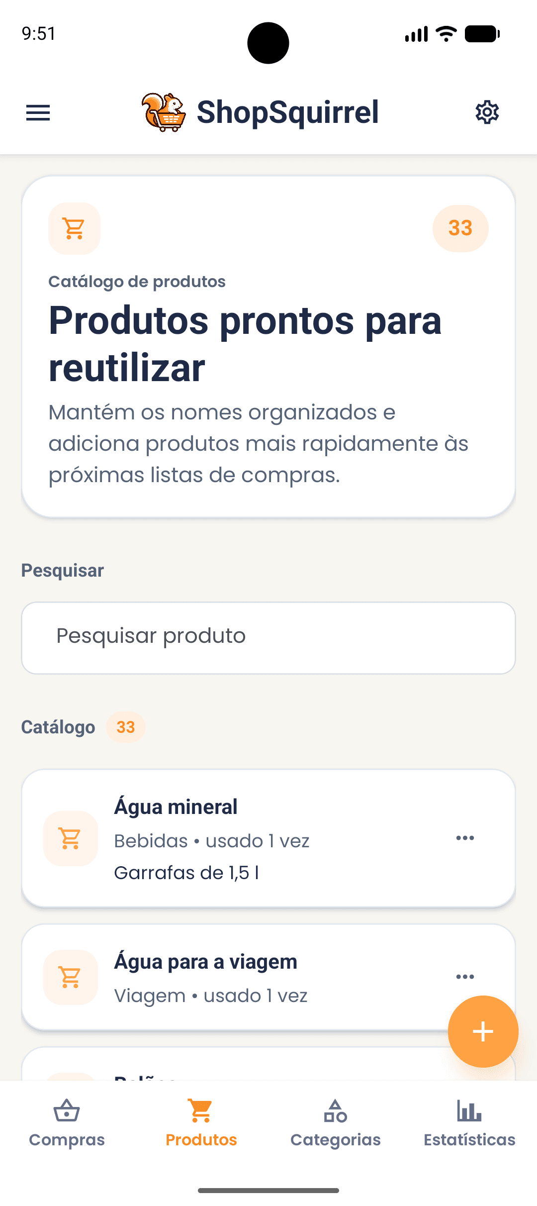 Ecrã de produtos na aplicação ShopSquirrel