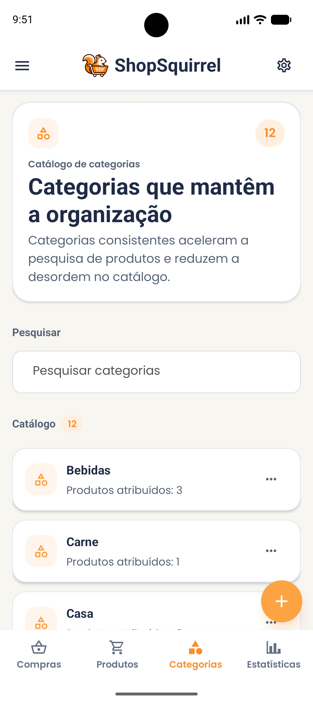 Ecrã de categorias de produtos na aplicação ShopSquirrel