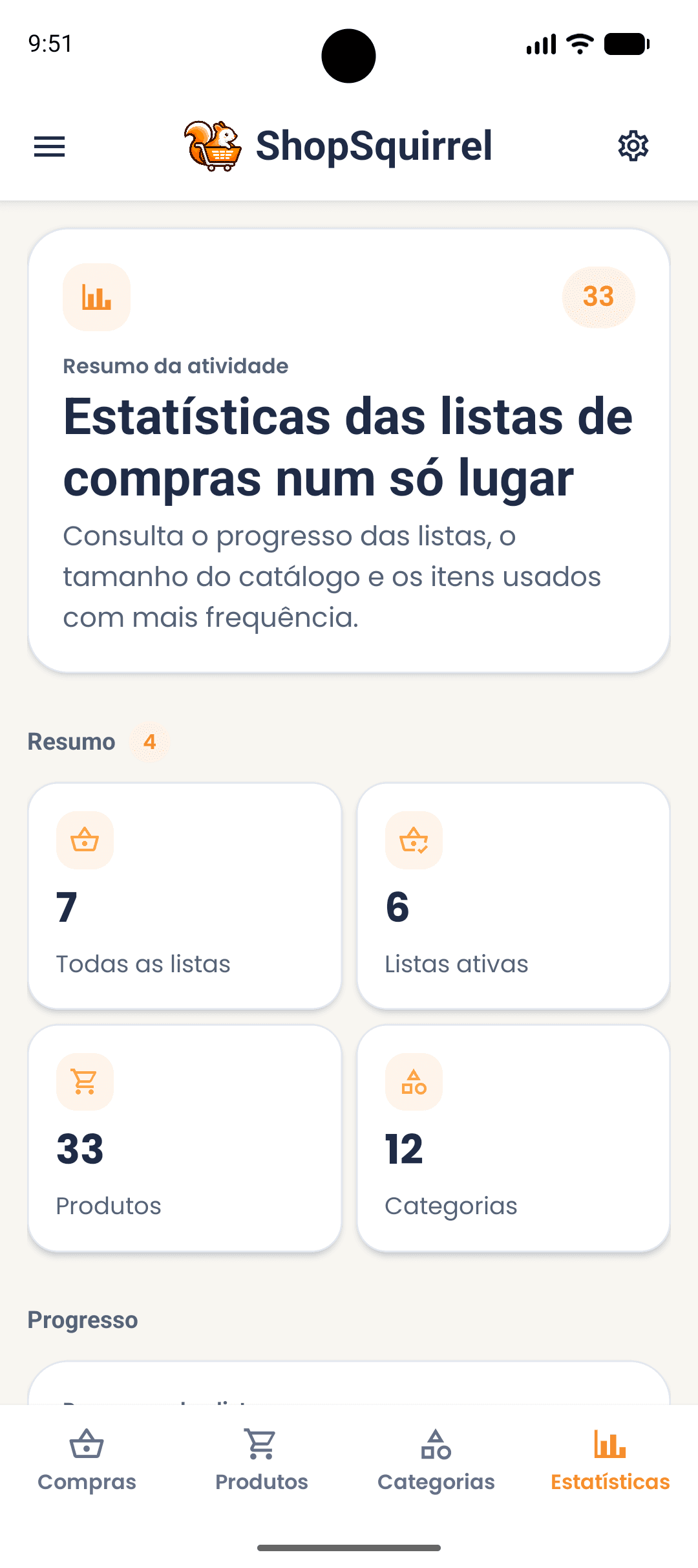 Ecrã de estatísticas na aplicação ShopSquirrel