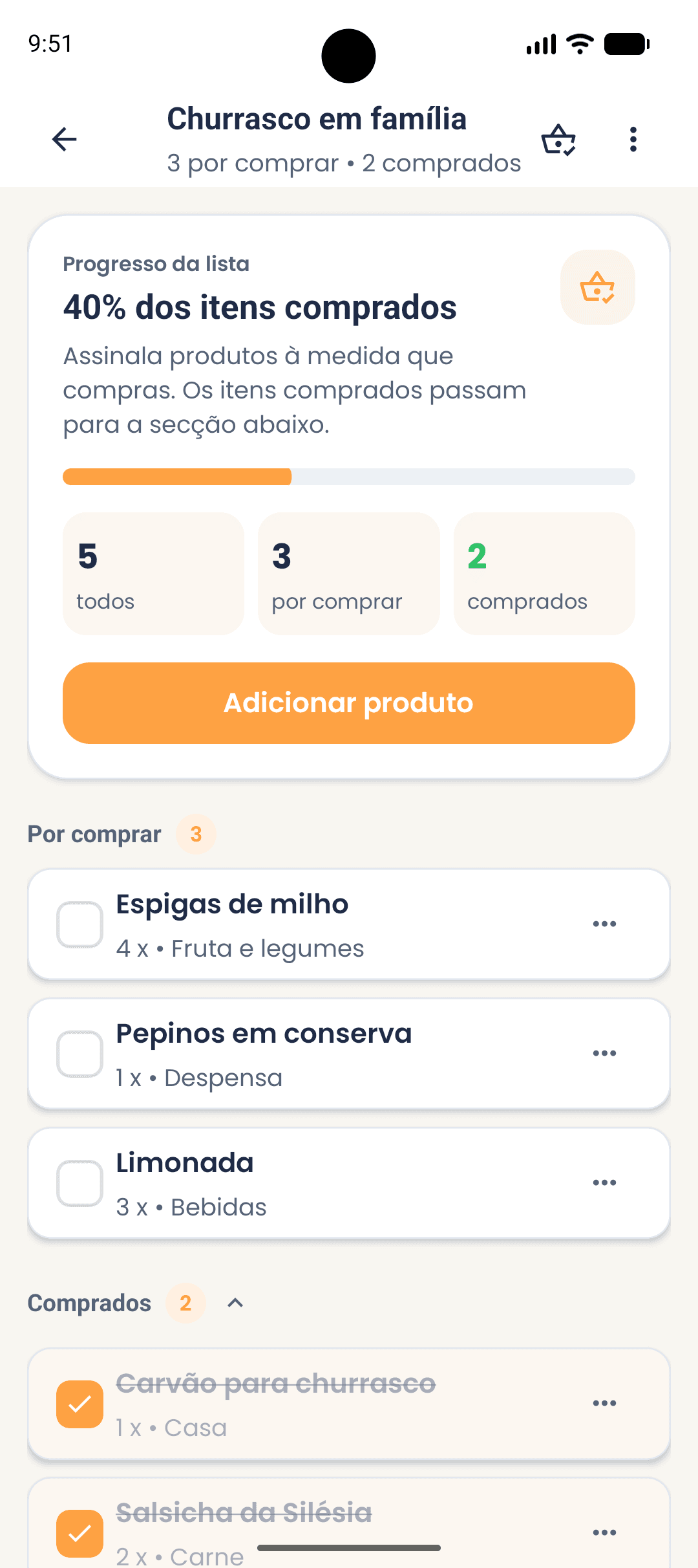 Ecrã de uma lista de compras na aplicação ShopSquirrel